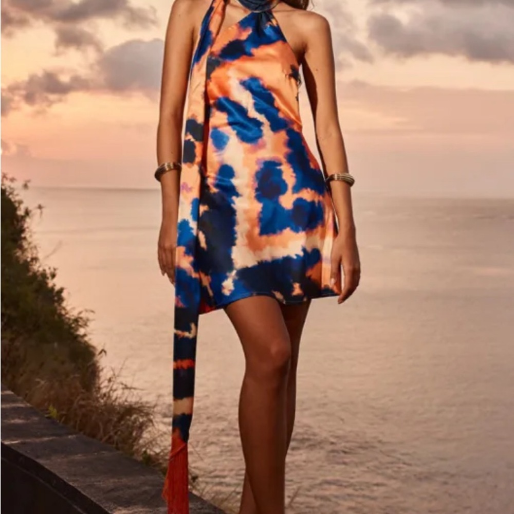 Open back halter mini dress with scarf